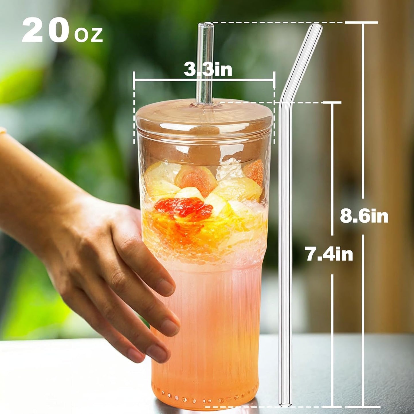 Glass Cups with Lids and Straws, Amber 20 OZ Iced Water Glasses Tumblers for Ice Juice, Tea, Milk, Smoothie and Cold or Hot Drinks, Set of 2