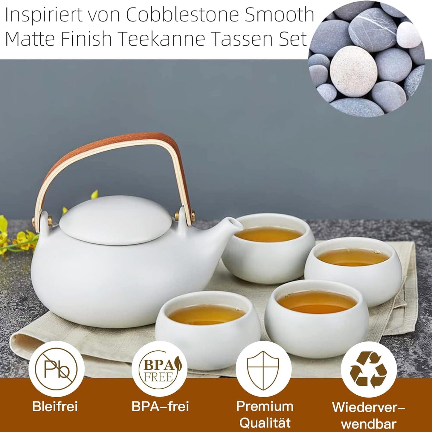 ZENS Vintage Japanese Tea Set, 27oz Ceramic Japanese Teapot with Infuser, Wood Handle Matte Gray Teapot with Strainers and 4 Cups for Tea Party, Women's Gift