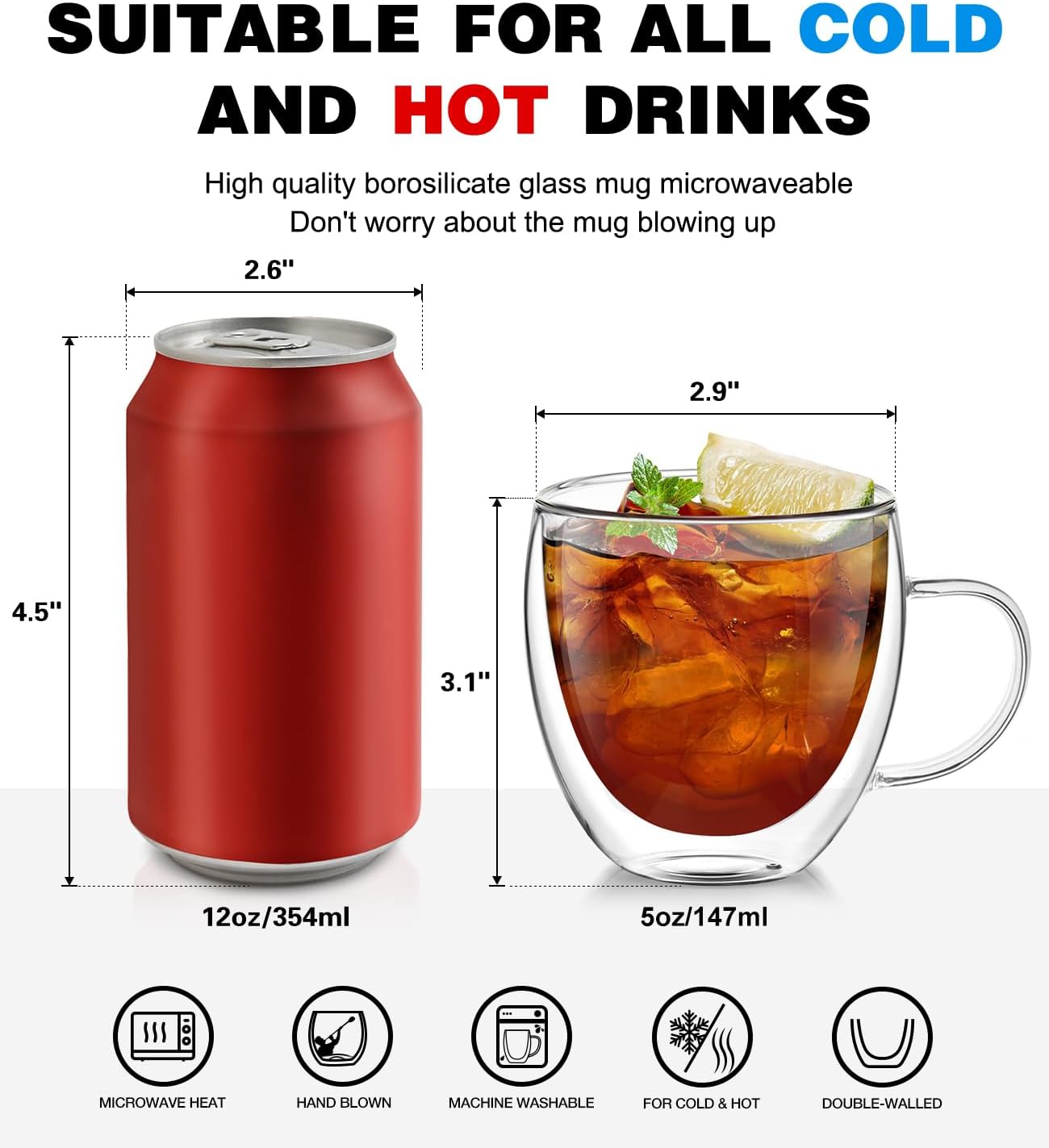 OJA Espresso Cups Set of 4, Hand Blown 5OZ Double Wall Glass Mugs with Handle Perfect for Cappuccino, Latte, Tea, Clear Glass Espresso Shot Cups Suitable for Coffee Machine