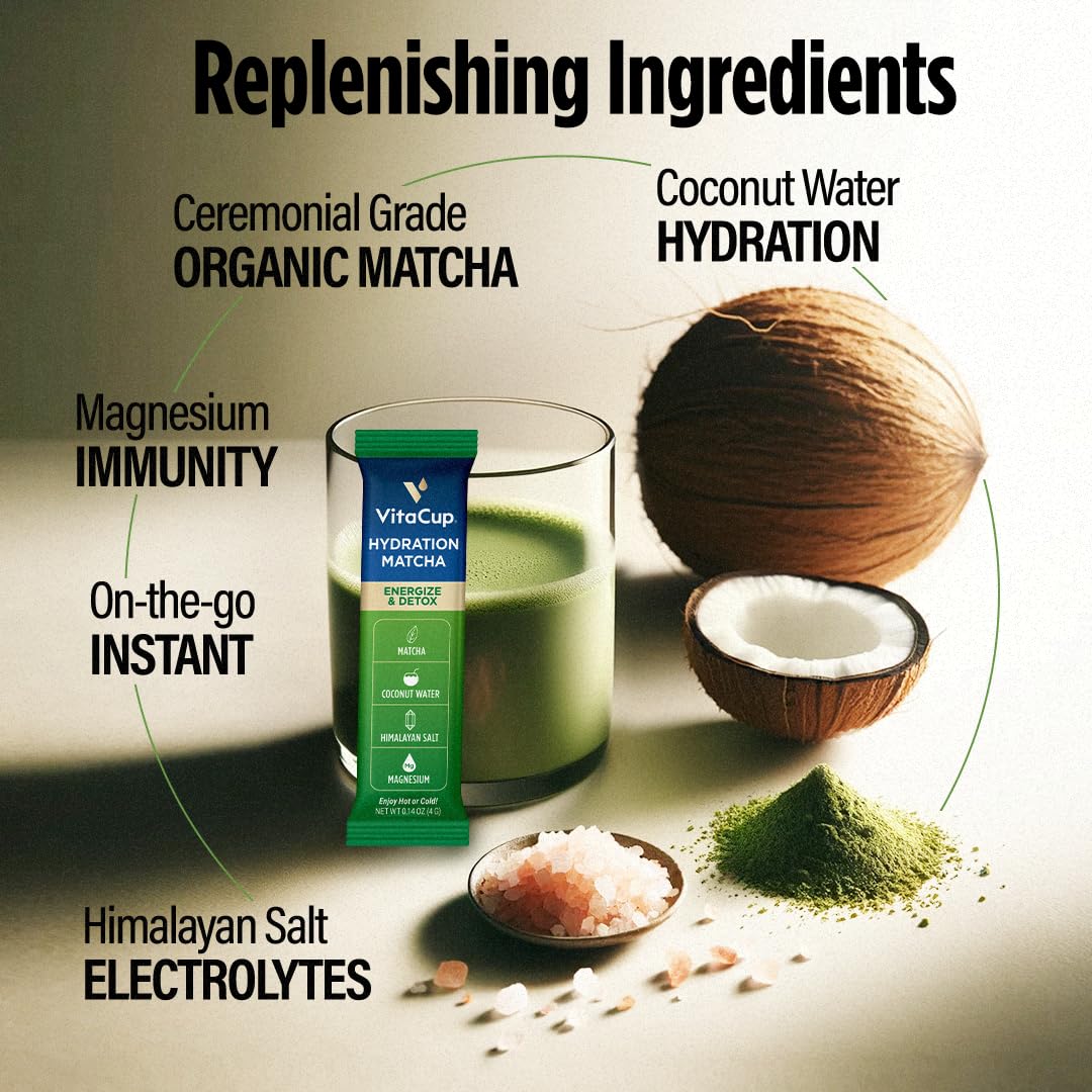 VitaCup Hydration Matcha Instant Packets, for Natural Energy and Detox, w/Electrolytes, Ceremonial Grade Organic Matcha, Coconut Water, Pink Himalayan Salt, Magnesium, in Single Serve Sticks, 10 Ct