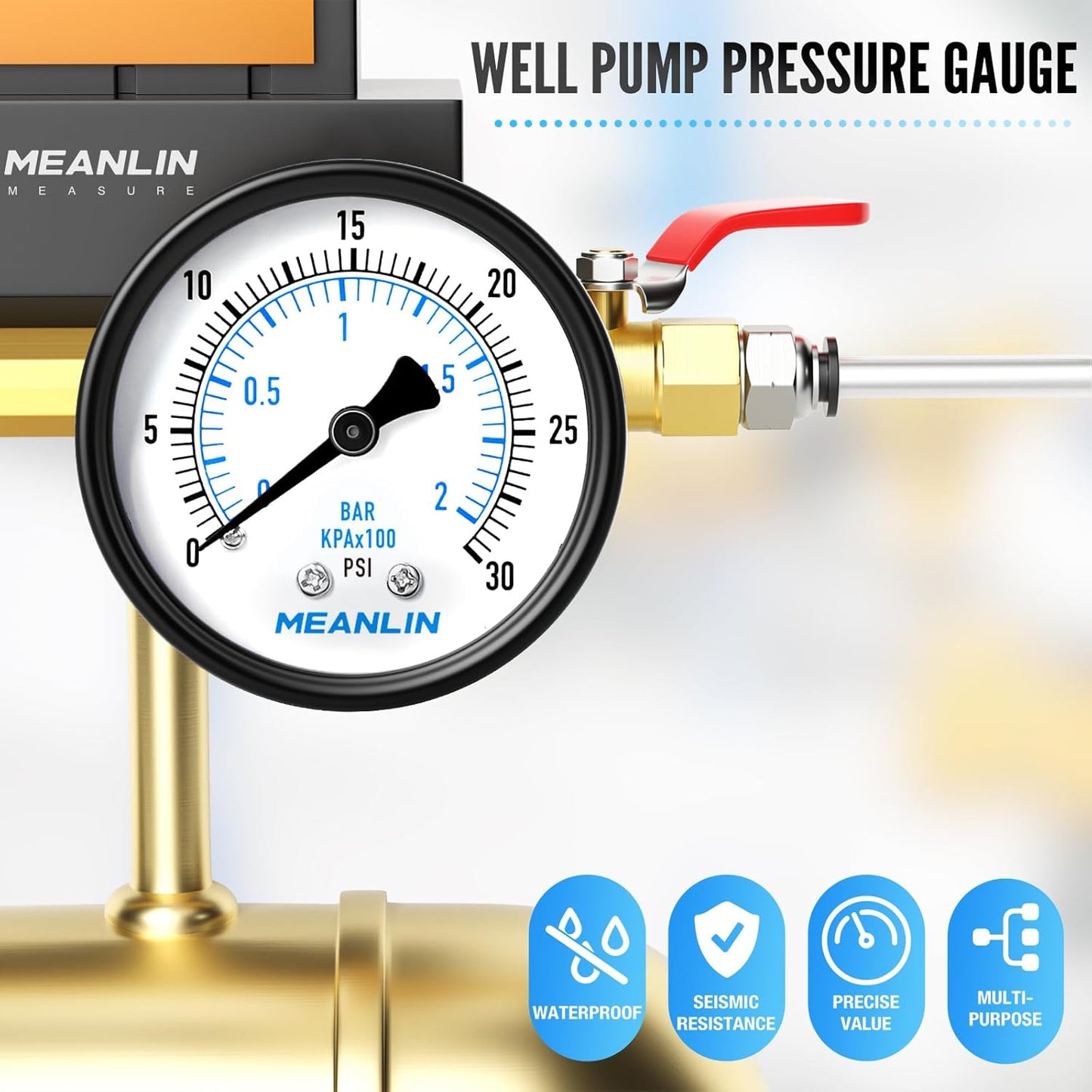 MEANLIN MEASURE 0-30Psi Well Pump Pressure Gauge 1/4" NPT 2" FACE DIAL for Pool Sand Filter Water Oil Air Pressure Test Back Mount, with Teflon Tape