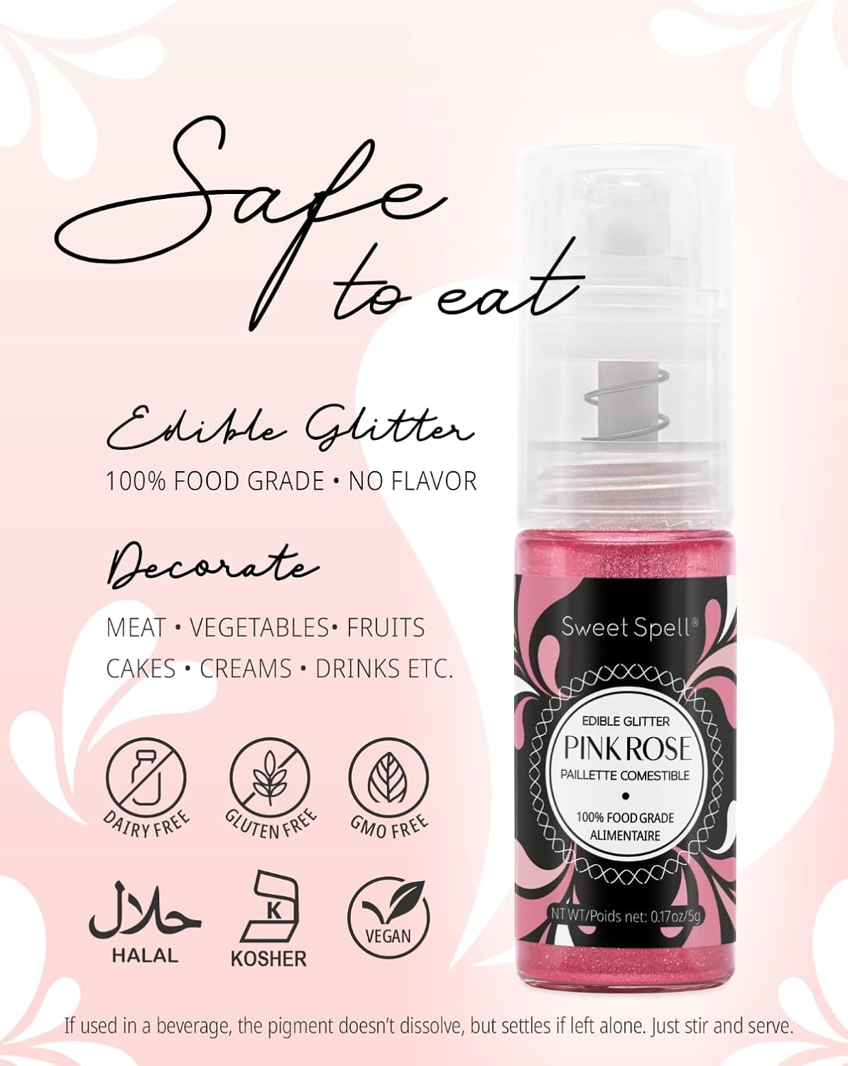 Sweet Spell Edible Cake Glitter Spray – Shimmering Magic for Cakes Decorating & Cocktails – 100% Edible, Food-Grade, Vegan, Gluten-Free (Pink)