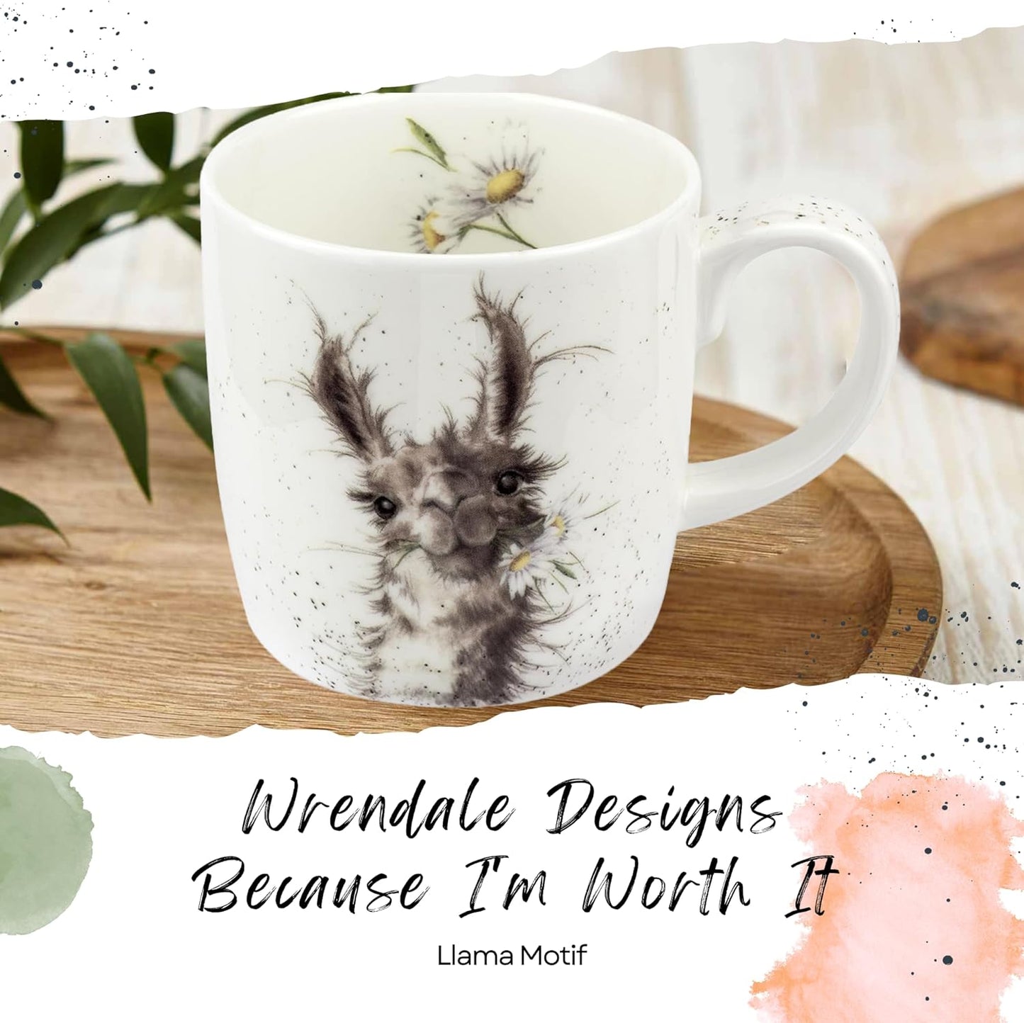 Royal Worcester Wrendale Designs 14 oz Mug, Because I'm Worth It with Llama Illustration - Floral Animal Mug for Cottagecore Kitchens - Microwave, Dishwasher, Freezer Safe Fine Bone China Drinkware