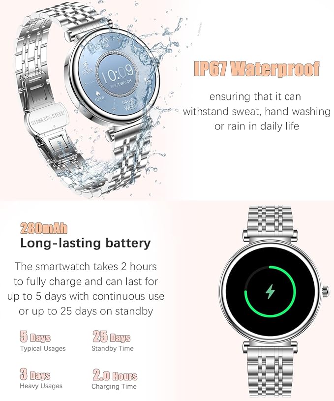 Smart Watch for Women 1.27" Color Screen Waterproof Fitness Activity Tracker Rose Gold Women's Smart Watch with Heart Rate Sleep Monitor for Android and iOS (Full Silver Steel RT-i109)