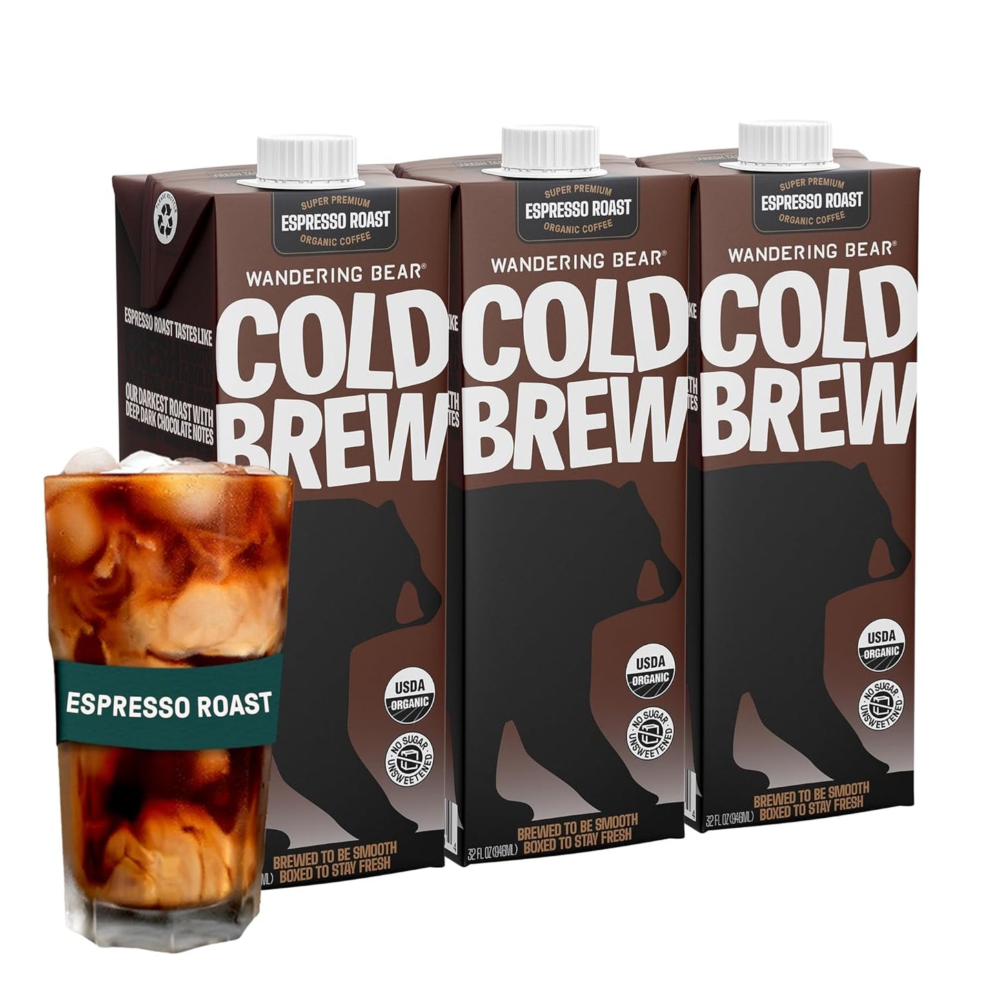 Wandering Bear Espresso Roast Organic Cold Brew Coffee, 32 fl oz, 3 pack - Extra Strong, Bold, Smooth, Unsweetened, Shelf-Stable, Ready to Drink, 100% Organic, Iced Cold Brewed Coffee Drinks