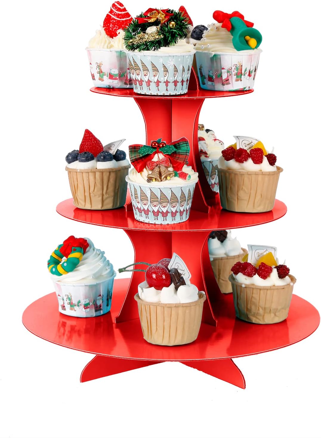 3-Tier Cupcake Stand, Cake Stand holder, Tiered DIY Cupcake Stand Tower for Dessert Table Displays, Birthday Theme Party Favors Decoration, Floral Tea Party, 12" W x 12.8" H, Red