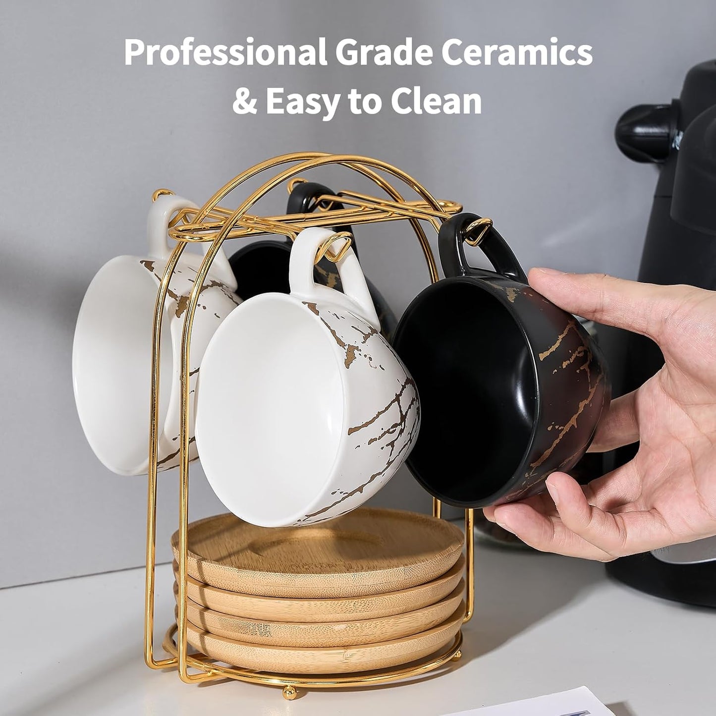 LUKA Ceramic Demitasse Espresso Cups Set with Saucers and Metal Stand, 8 oz Porcelain Stackable Cappuccino Cups Teacup For Tea, Espresso, Latte, Coffee, Cafe Mocha, Set of 4, White & Black