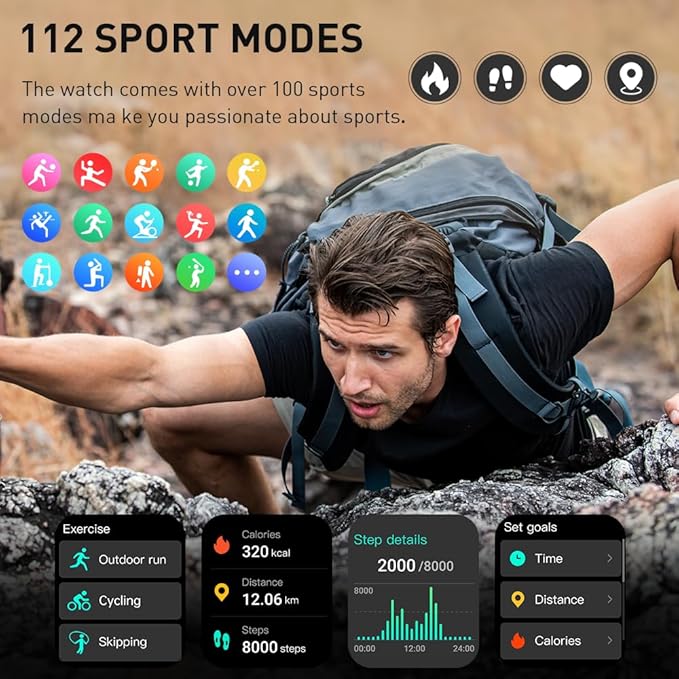 Smart Watch for Men Women(Answer/Make Call), 1.96" HD Smartwatch, 2025 New Fitness Watch with 112+ Sport Modes, Heart Rate, Sleep Monitor, Pedometer, IP68 Waterproof Activity Tracker for Android iOS