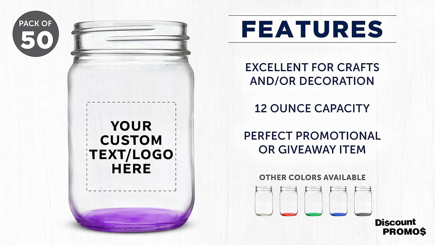 DISCOUNT PROMOS Custom Decorating Mason Jars 12 oz. Set of 50, Personalized Bulk Pack - Glass Jars for Overnight Oats, Candies, Fruits, Pickles, Spices, Beverages - Purple
