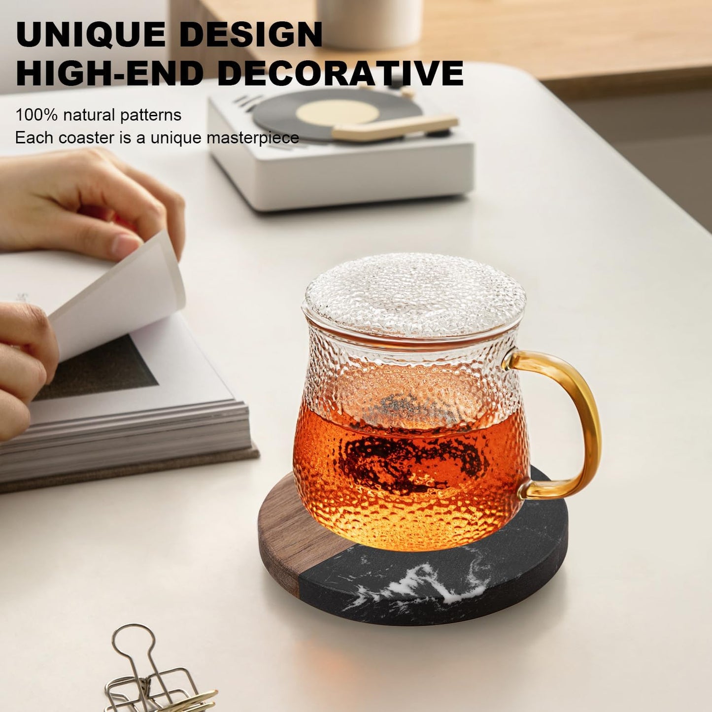 Marble Coasters: 4-Piece Set of Acacia Wood Marble Coasters, Suitable for Kitchens, Offices, and can be Used as Gifts (Black Round)