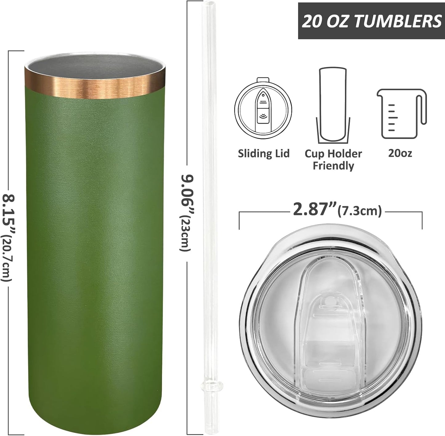 20 oz Skinny Tumblers Bulk 8 Pack, Stainless Steel Insulated Tumbler with Lids and Straws, Slim Double Wall Powder Coated Travel Coffee Mug Reusable Cup for Hot Cold Drinks (Army Green,8 pack)
