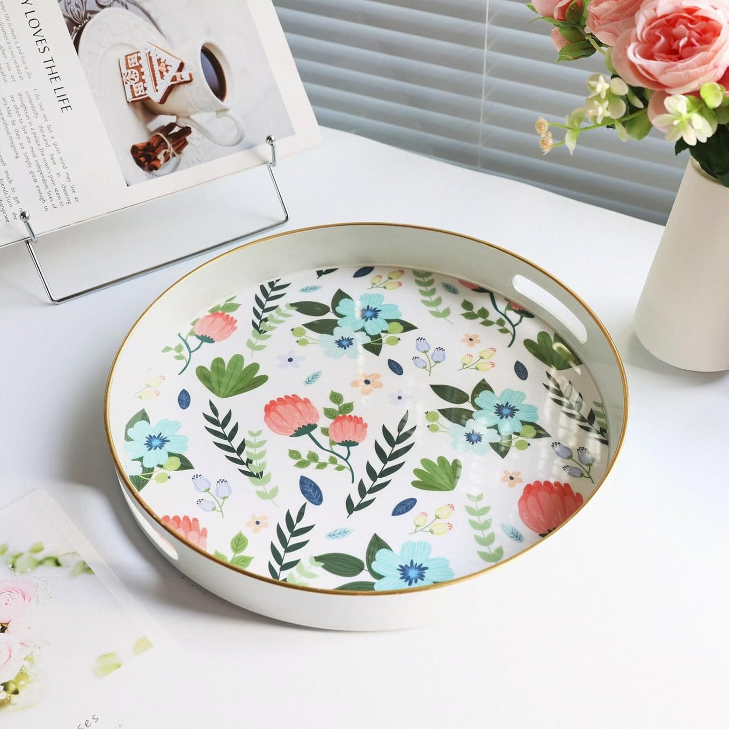 Round Serving Tray with Handles, Modern Floral Pattern, Perfect for Coffee Table, Ottoman, or Vanity, Lee33wh Color, Plastic Material