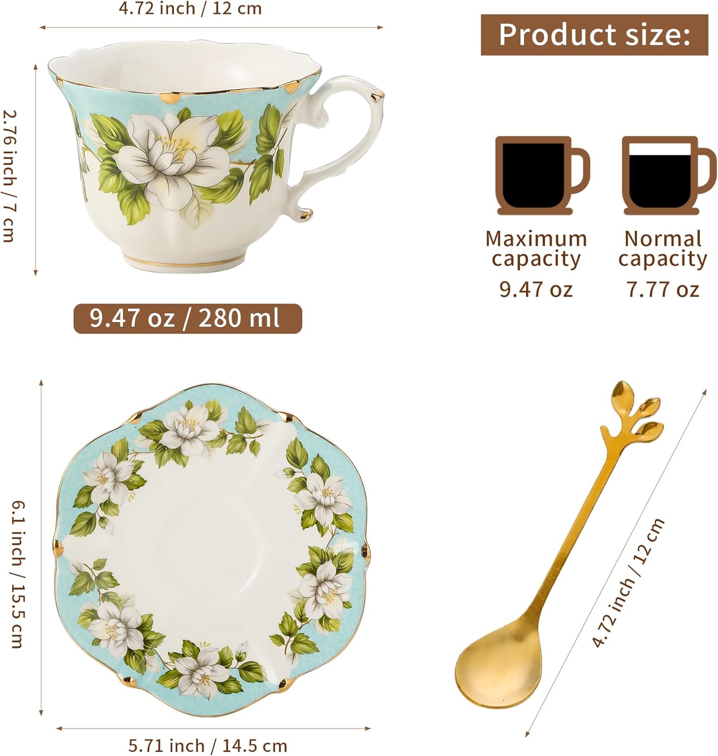 TATSUMI Country Roses Bone China Tea Cup and Saucer Set, 3 Pieces, Vintage Style, For Women and Tea Parties(Light Green, 1 set)