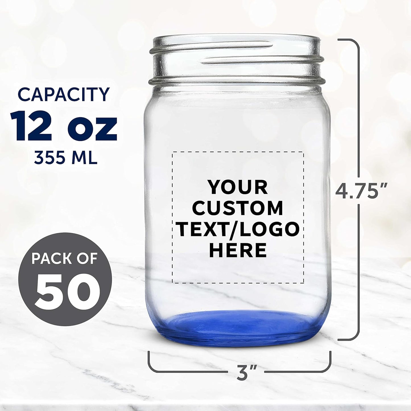 DISCOUNT PROMOS Custom Decorating Mason Jars 12 oz. Set of 50, Personalized Bulk Pack - Glass Jars for Overnight Oats, Candies, Fruits, Pickles, Spices, Beverages - Blue
