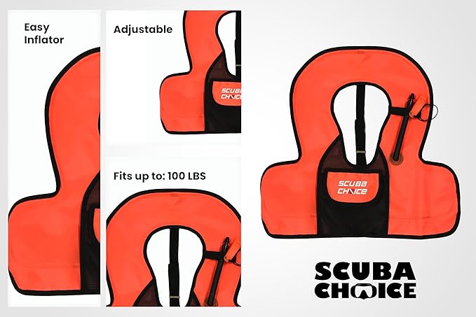 Scuba Choice Kids Snorkel Vest with Front Pocket & Whistle, Orange – Adjustable, Lightweight, Inflatable Vests for Kids Up to 100lbs, Easy Oral Inflator, Removable Strap, Portable Water Safety Gear