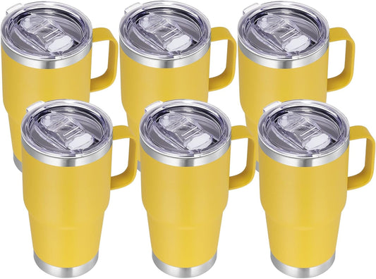 VEGOND 20 oz Tumbler Bulk with Handle Lid and Straw, Stainless Steel Insulated Travel Coffee Mug Set, Spill Proof Double Wall Metal Tumblers Cups, Yellow 6 Pack