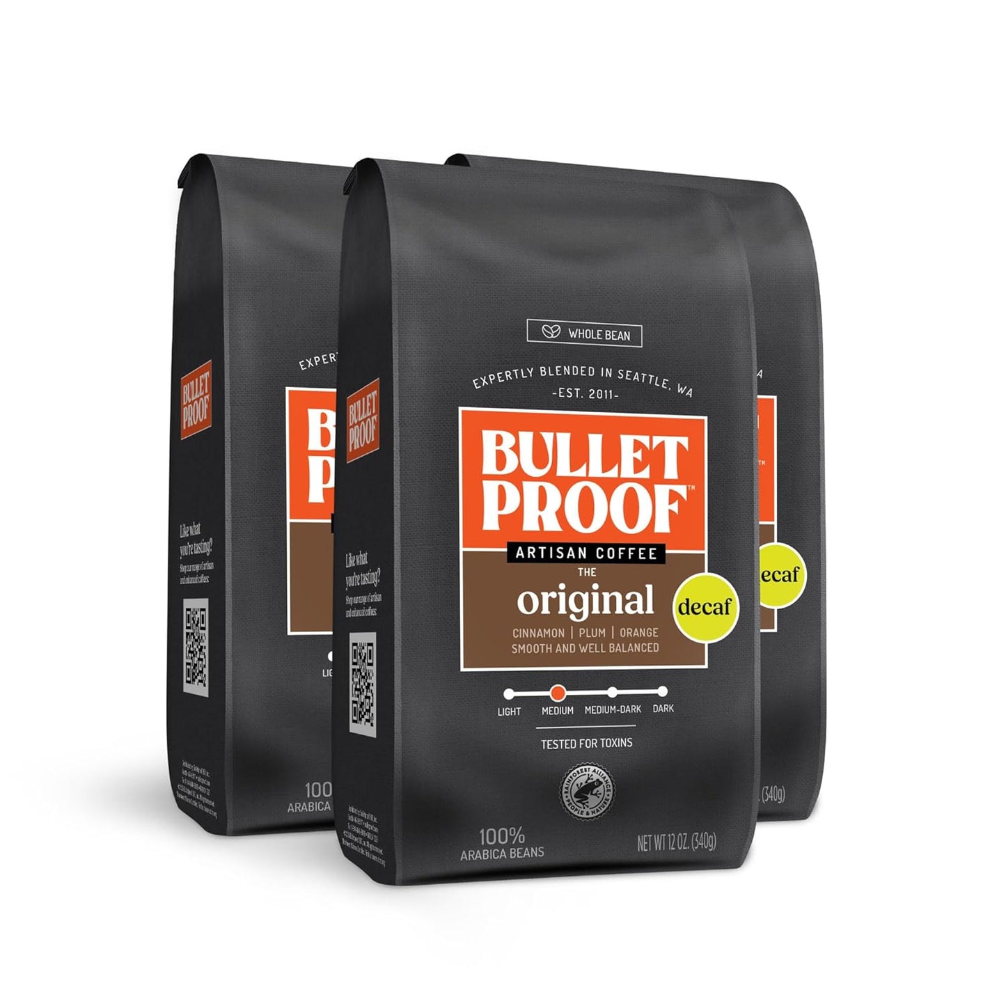 Bulletproof Original Medium Roast Whole Bean Decaf Coffee, 12 Ounces (Pack of 3), 100% Arabica Coffee Sourced from Central and South America
