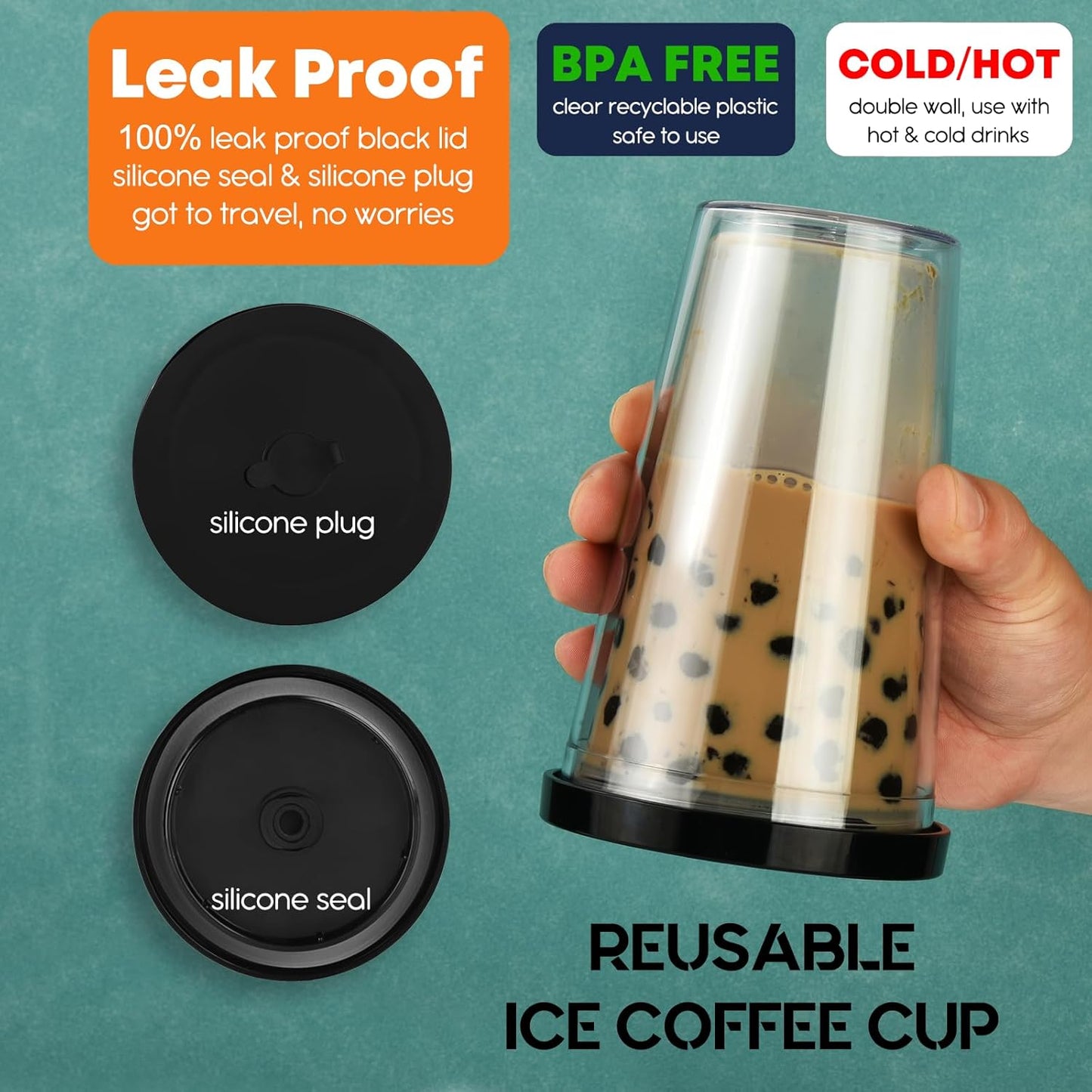 ALINK Reusable Iced Coffee Cup with Lid and Straw, 24 oz Boba Tea Smoothie Cup, Leak Proof Double Wall Insulated Iced Coffee Tumbler for Hot Cold Drinks, Bubble Tea, With 2 Boba Straws 1 Brush
