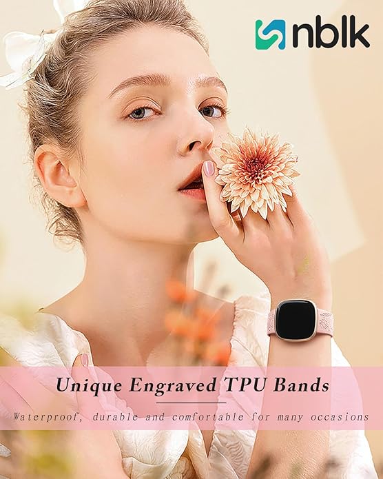 SNBLK 2 Pack Engraved Bands Only Compatible with Fitbit Versa 3/Fitbit Sense/Fitbit Versa 4/Fitbit Sense 2 Bands Four Models, Sunflower Rose Elegant Soft TPU Floral Pattern Replacement Strap Women