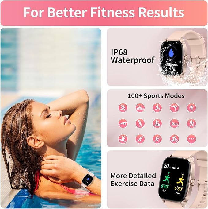 Smart Watch for Men Women, Bluetooth Calling, AI Built-in, IP68 Waterproof, Fitness Tracker, Sleep Monitoring, 1.85'' DIY Dial, 100+ Sports Modes, 7 Days Battery, Compatible with Android & iPhones