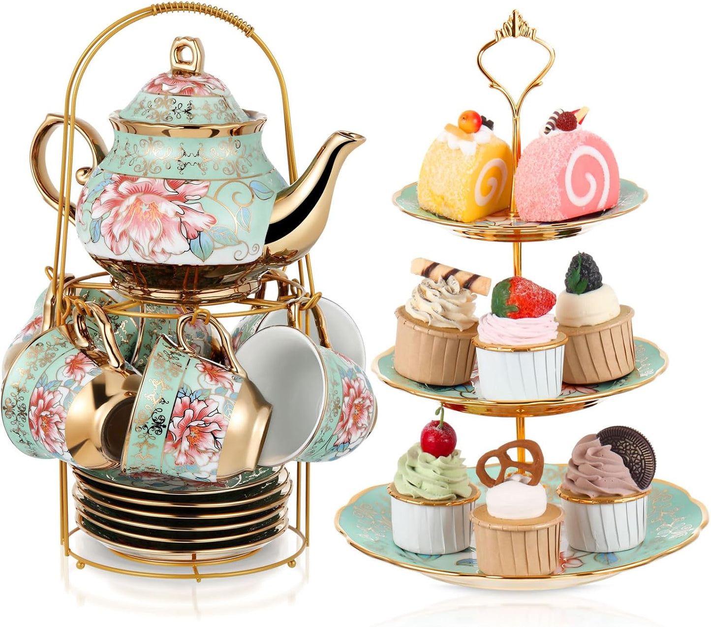 Maxcheck 21 Pcs Tea Party Set for Adults European Floral Tea Set with Metal Holder and 3 Tier Ceramic Cake Stand Porcelain Flower Cup Teapot for Dessert Cupcake(Fresh Style)