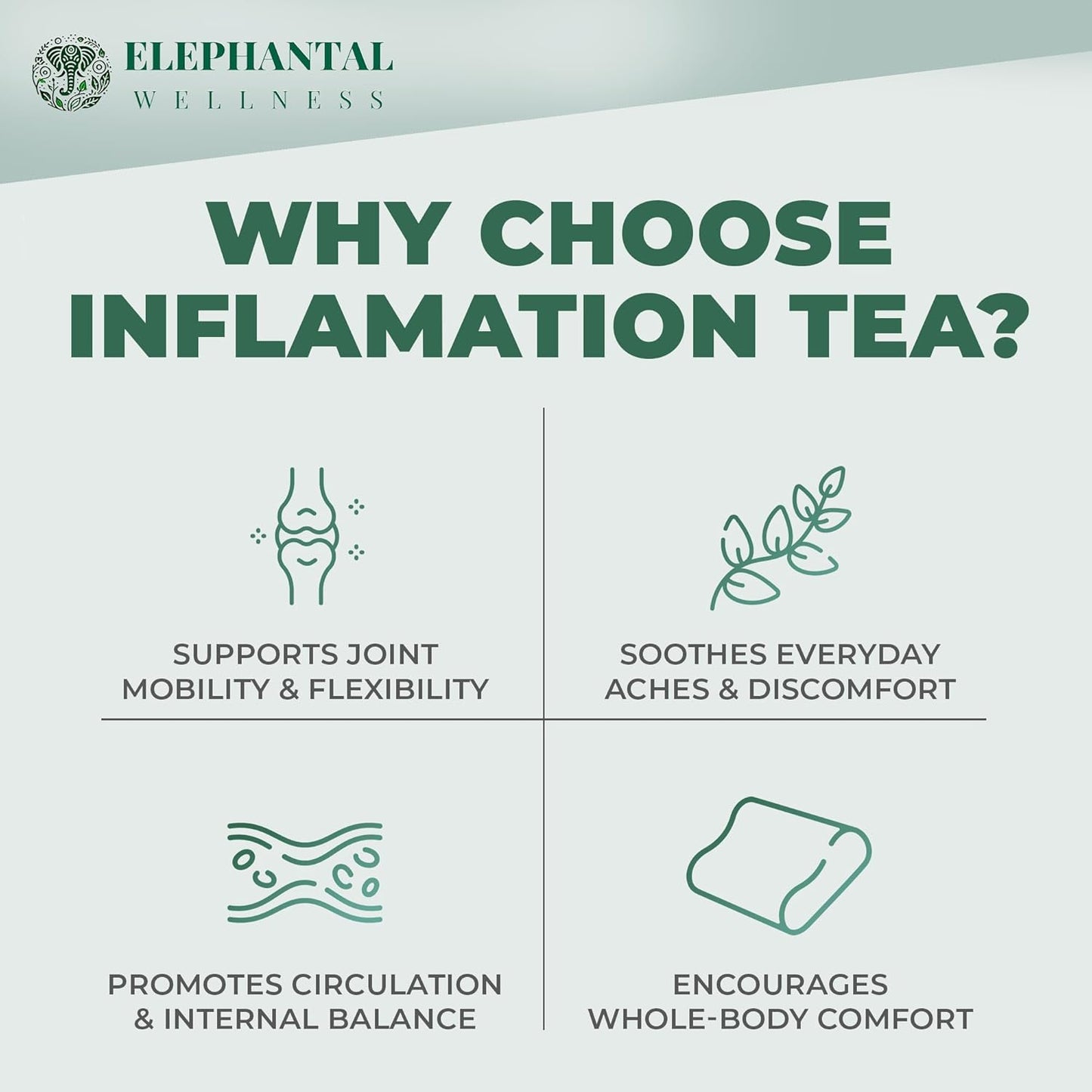 Elephantal Wellness Premium Inflammation Herbal Tea | Comfort & Mobility Blend with Turmeric, Boswellia, White Willow Bark & Ginger | Handmade, Non-GMO, Caffeine-Free Loose Leaf, 2oz, 20 Servings