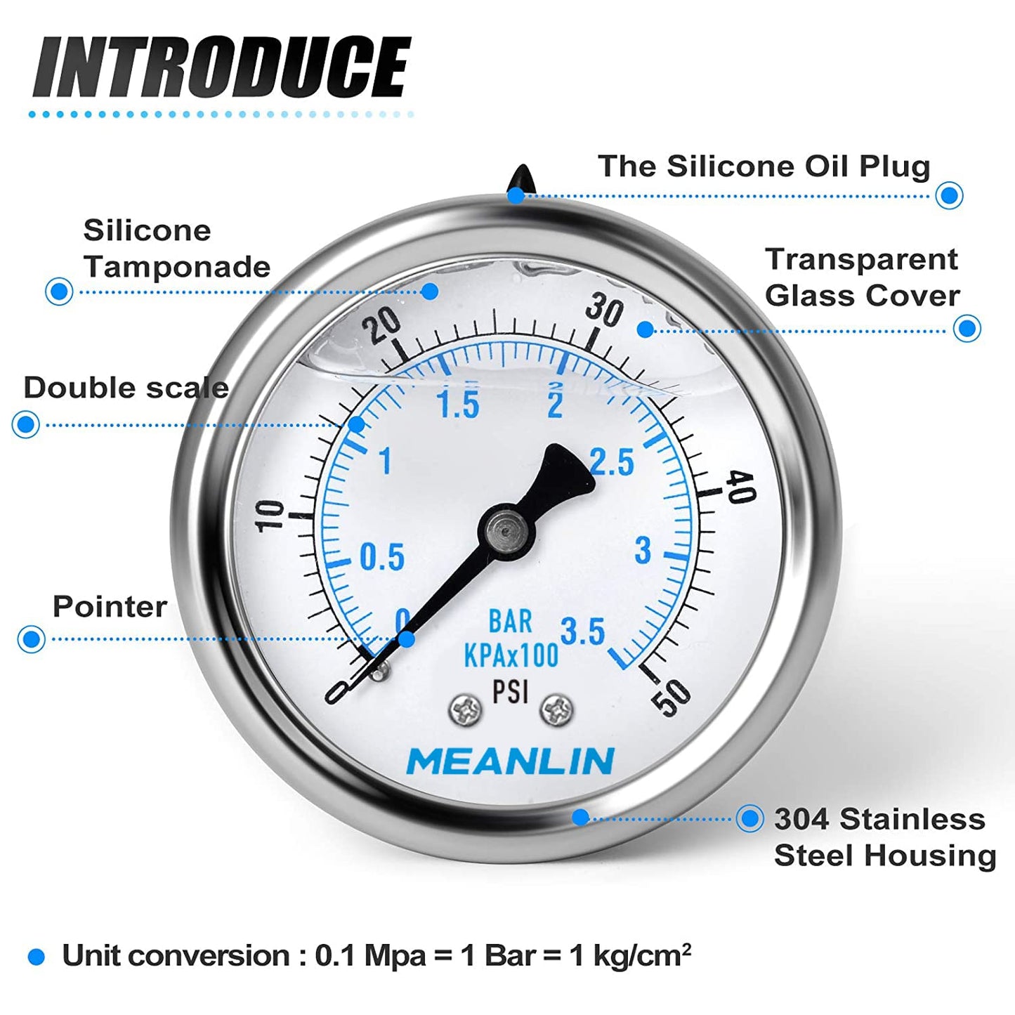 MEANLIN MEASURE 0~50Psi Stainless Steel 1/4" NPT 2.5" FACE DIAL Liquid Filled Pressure Gauge WOG Water Oil Air Center Back Mount, with 1/4" x 1/2" NPT and 1/4" x 3/8" NPT Hex Bushing