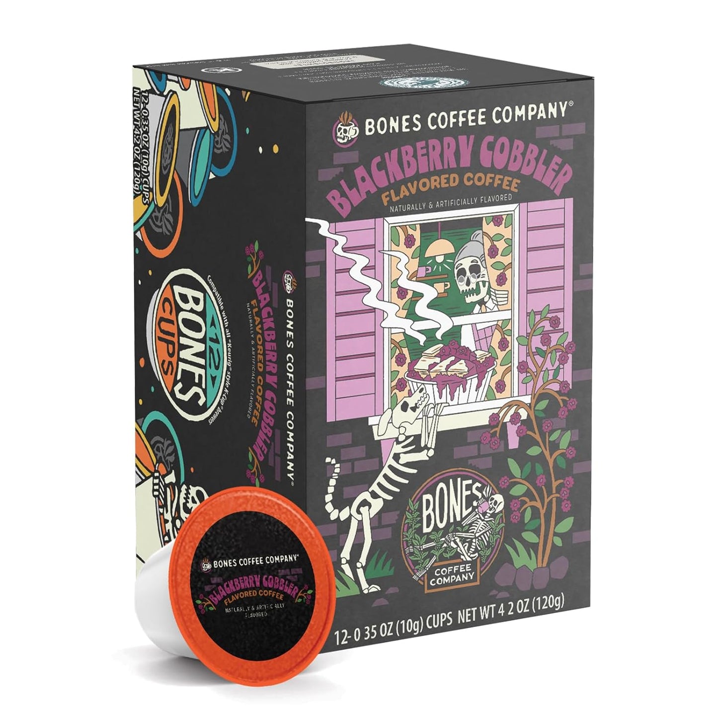 Bones Coffee Company Blackberry Fruit Cobbler Flavored Coffee Pods, Low Acid Medium Roast Single-Serve Bones Cups, Compatible with 1.0 & 2.0 K-Cups Brewers Coffee Maker, 12 Count