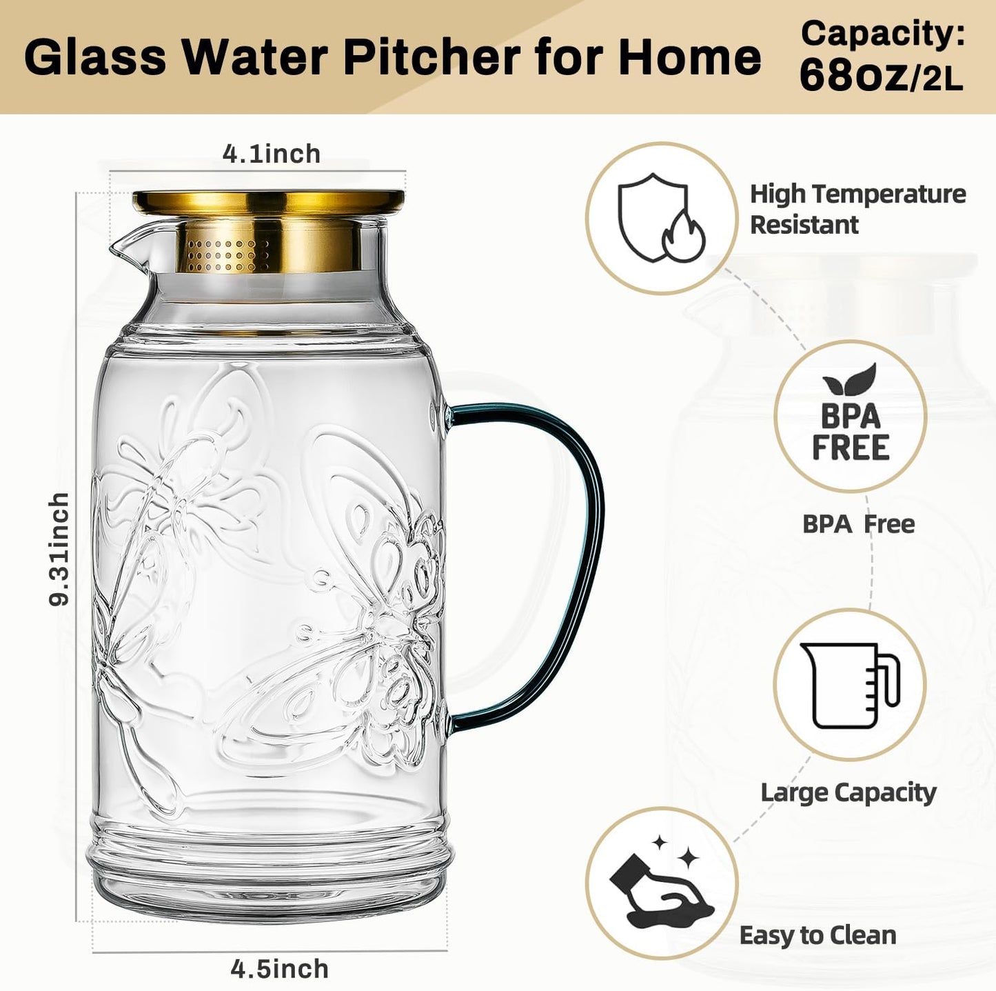 Glass Pitcher with Lid and Handle, 2 PACK 68 oz/2 Liter Vintage Butterfly Design Fridge Water Pitcher, Borosilicate Glass Water Carafe for Hot/Cold Water,Coffee,Iced Sun Tea,Heat Resistant