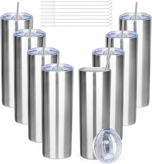 20 oz Skinny Tumblers with Lid and Straw,Stainless Steel Vacuum Insulated Tumbler Cup Double Wall Travel Coffee Mug, Thermal Water Tumbler for Hot and Cold Drinks(Silver,8)