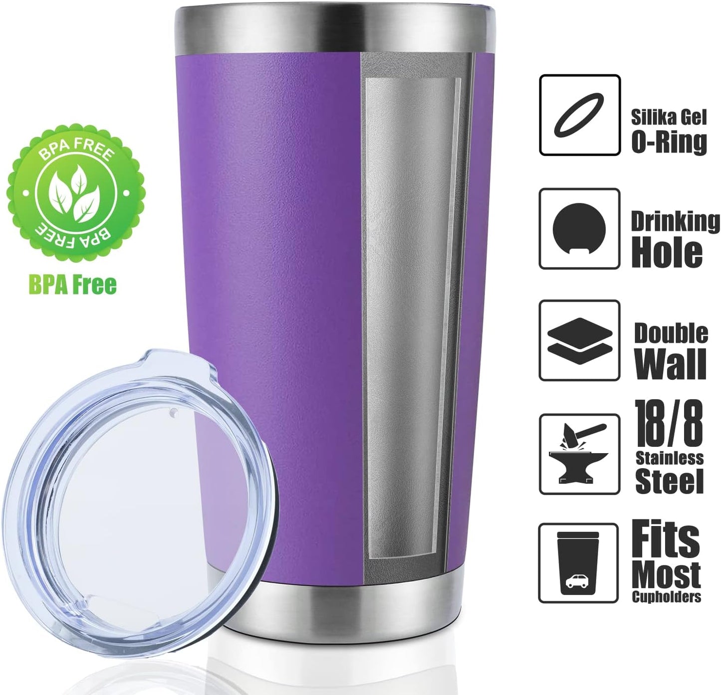 DOMICARE 20oz Stainless Steel Tumbler Bulk with Lid, Double Wall Vacuum Insulated Travel Mug, Powder Coated Coffee Cup (Powder Purple, 1)