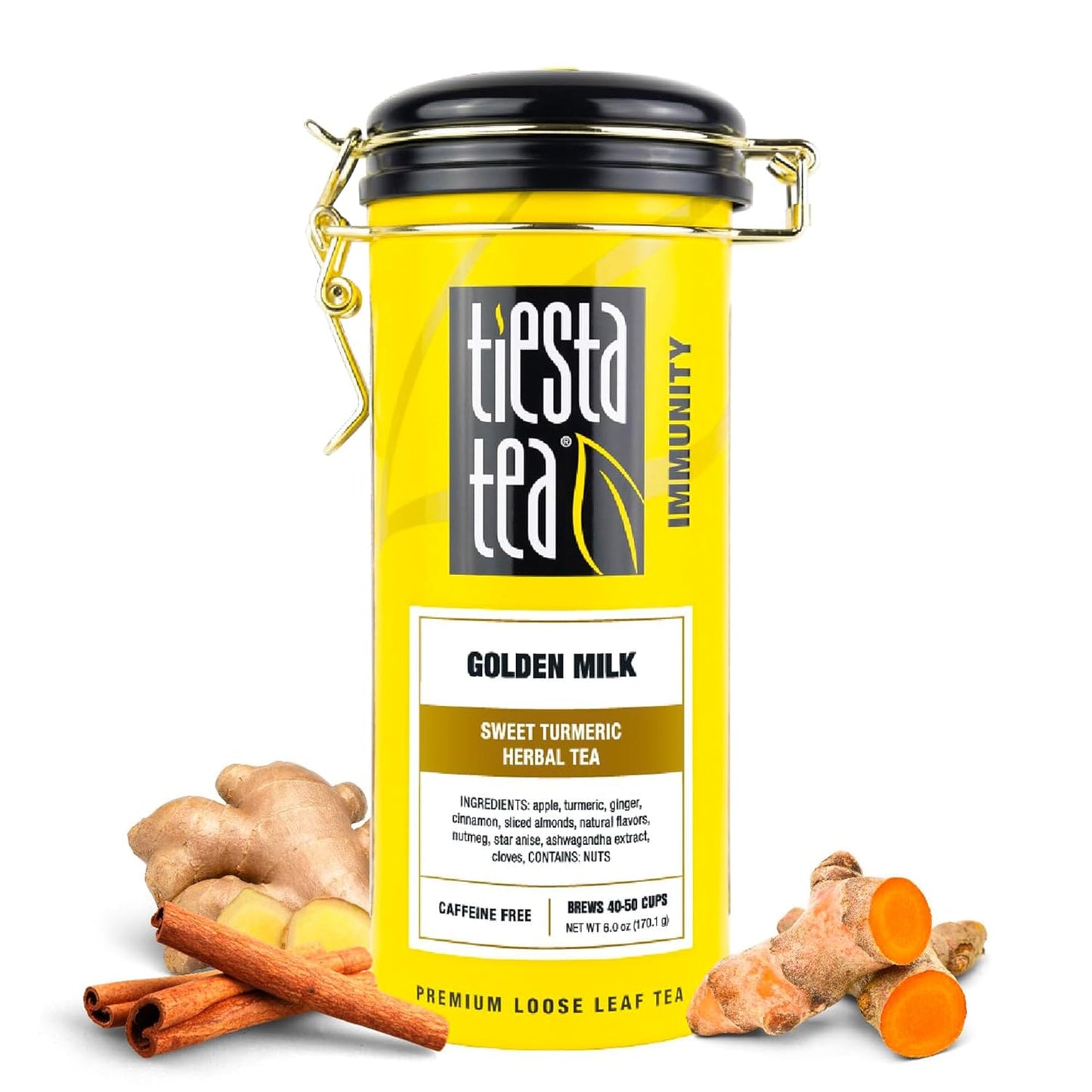 Tiesta Tea - Golden Milk, Loose Leaf, Sweet Turmeric Herbal Brew, Non-Caffeinated Herbal Blend, Makes Hot or Iced Up to 40-50 Cups, 6oz Refillable Tin