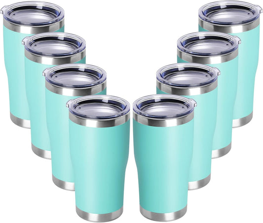 DOMICARE 20oz Tumbler with Lid Stainless Steel Tumblers Bulk, Double Wall Vacuum Insulated Coffee Travel Mug Powder Coated Tumbler, 8 Pack Light Blue