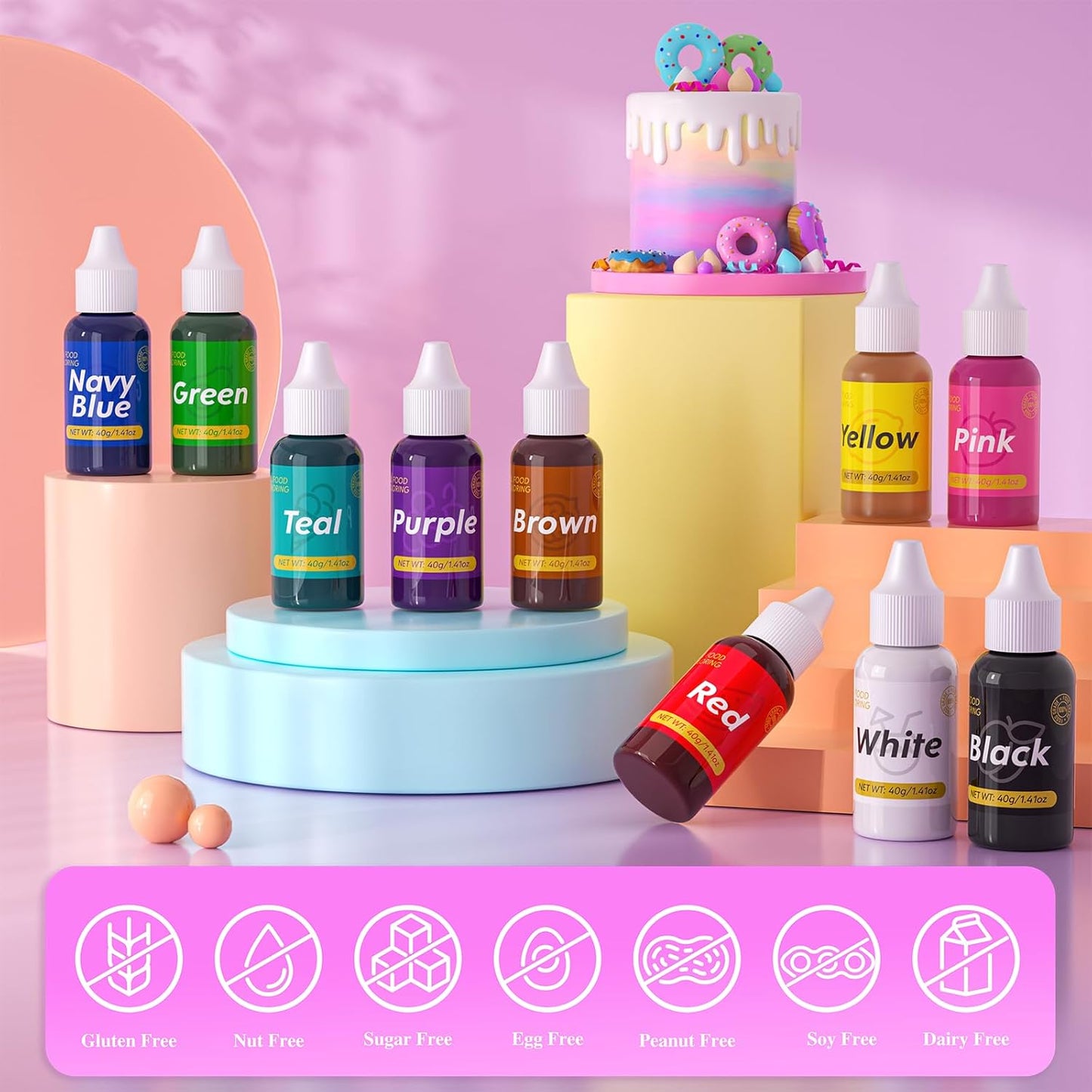 Gel Food Coloring for Cake Decorating - 40g Concentrated Assorted Edible Colors - Vibrant Tasteless Food Dye Professional-Grade Dye for Easter Eggs Fondant Cookies Frosting Royal Icing Baking - Pink