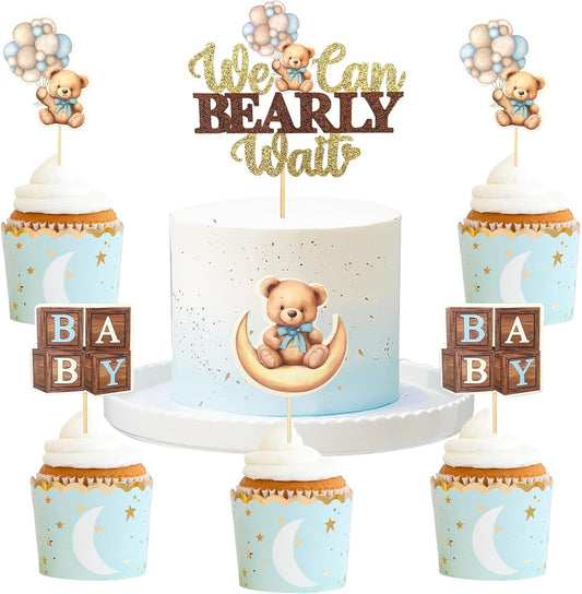 MEMOVAN Bear Baby Shower Cupcake Topper 25pcs We Can Bearly Wait Cake Cupcake Topper Bear Cake Cupcake Decoration for Baby Boy We Can Bearly Wait Bear Theme Birthday Baby Shower Gender Reveal Party