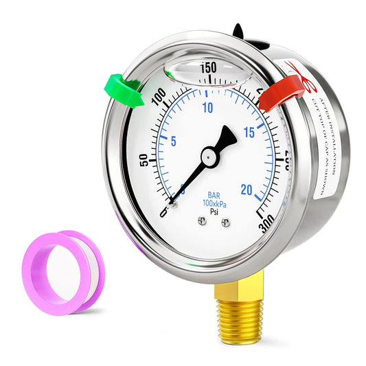 0-300psi Stainless Steel 1/4" NPT 2.5" Dial, Glycerin Liquid Filled Pressure Gauge Lower Mount Designed for Pressure Testing of Water, Oil and Air (with Range Mark Pointer)