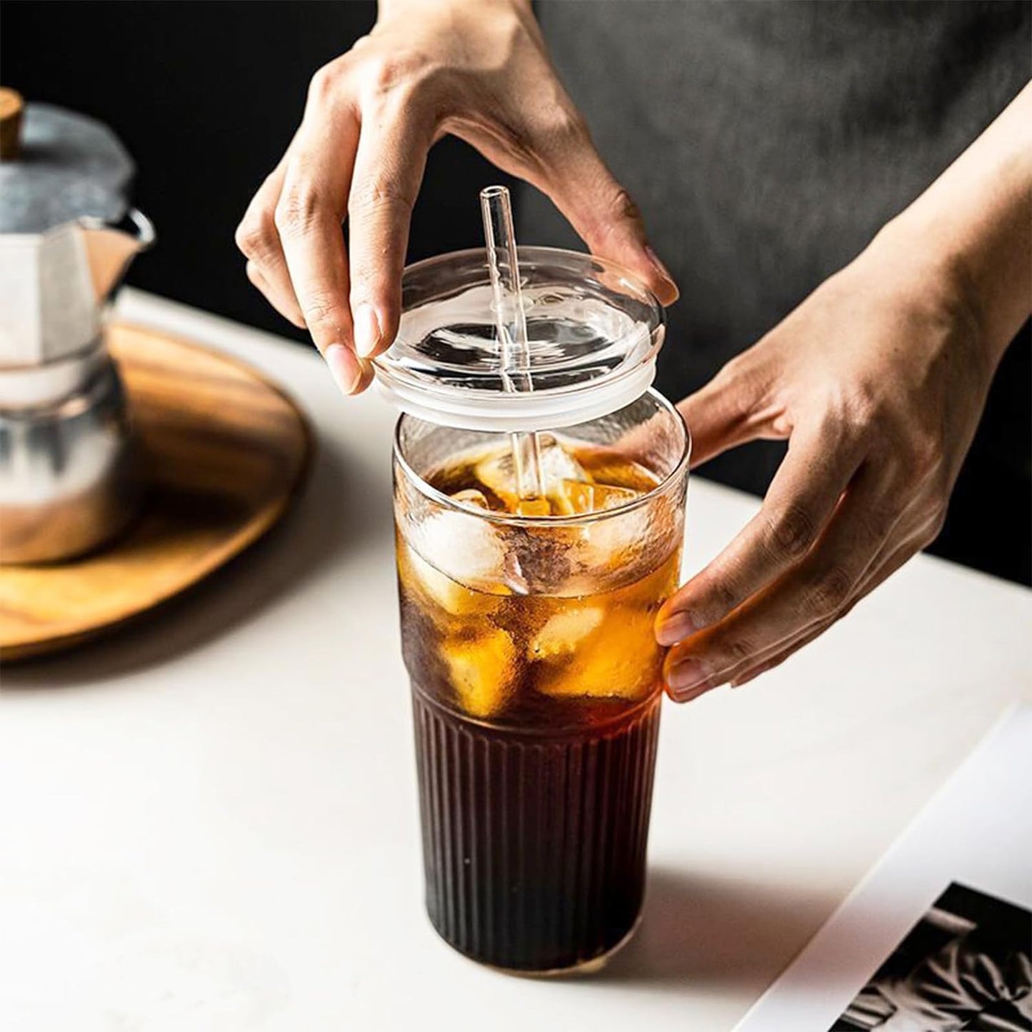 Glass Tumbler with Straw and Lid, 20 OZ Clear Iced Coffee Glasses Cups for Ice Water, Juice, Tea, Milk, Smoothie and Cold or Hot Drinks, Set of 2