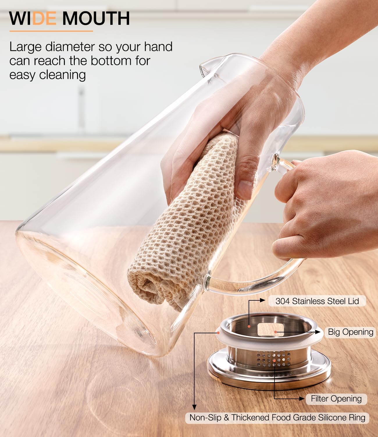 Glass Pitcher with Lid and Handle, 2 Liter 68oz Water Pitcher with Spout for Fridge, Borosilicate Glass Jug for Hot/Cold Drink, Large Ice Tea Carafe for Juice, Coffee, Sangria, Beverage