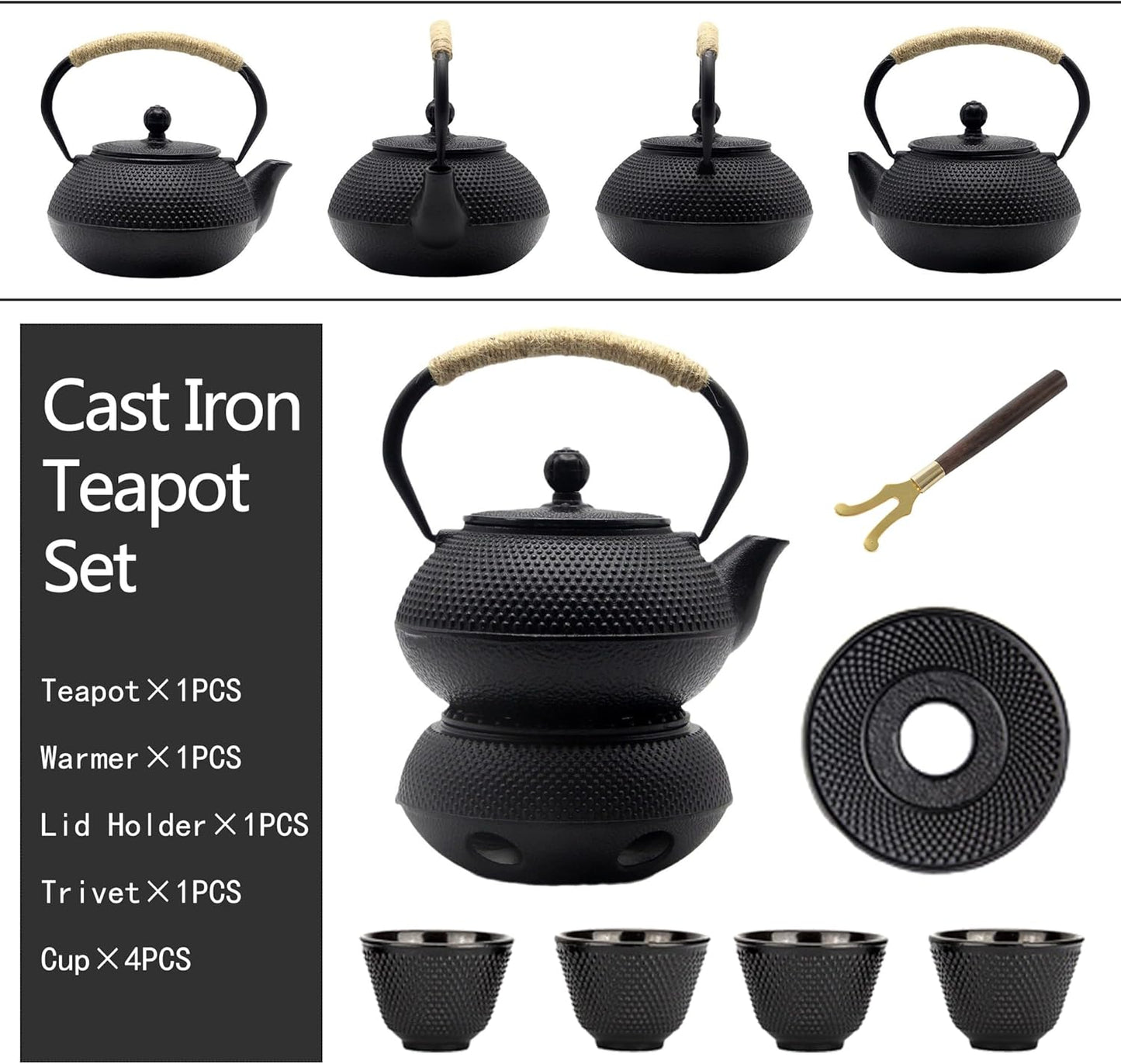 Japanese Tetsubin Tea Kettle Set with Cups, Cast Iron Teapot with Stainless Steel Infuser and Enameled Interior (900ml)