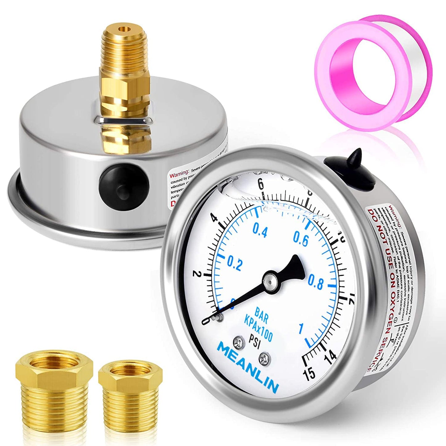 MEANLIN MEASURE 0~15Psi Stainless Steel 1/4" NPT 2.5" FACE DIAL Liquid Filled Pressure Gauge WOG Water Oil Air Center Back Mount, with 1/4" x 1/2" NPT and 1/4" x 3/8" NPT Hex Bushing