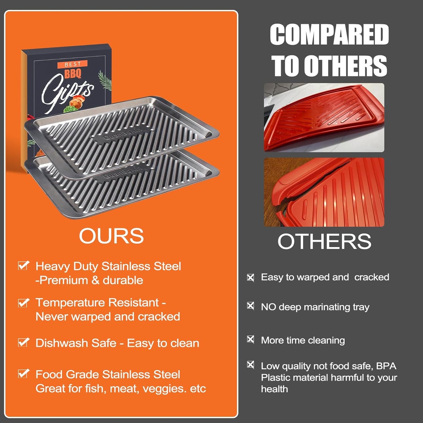 Grilling Prep and Serve Trays Set of 2 Stackable Stainless Steel BBQ Trays Marinating Tray Food Serving Platter for Cooked and Raw Meat BBQ Prep Tub Dishwasher Safe