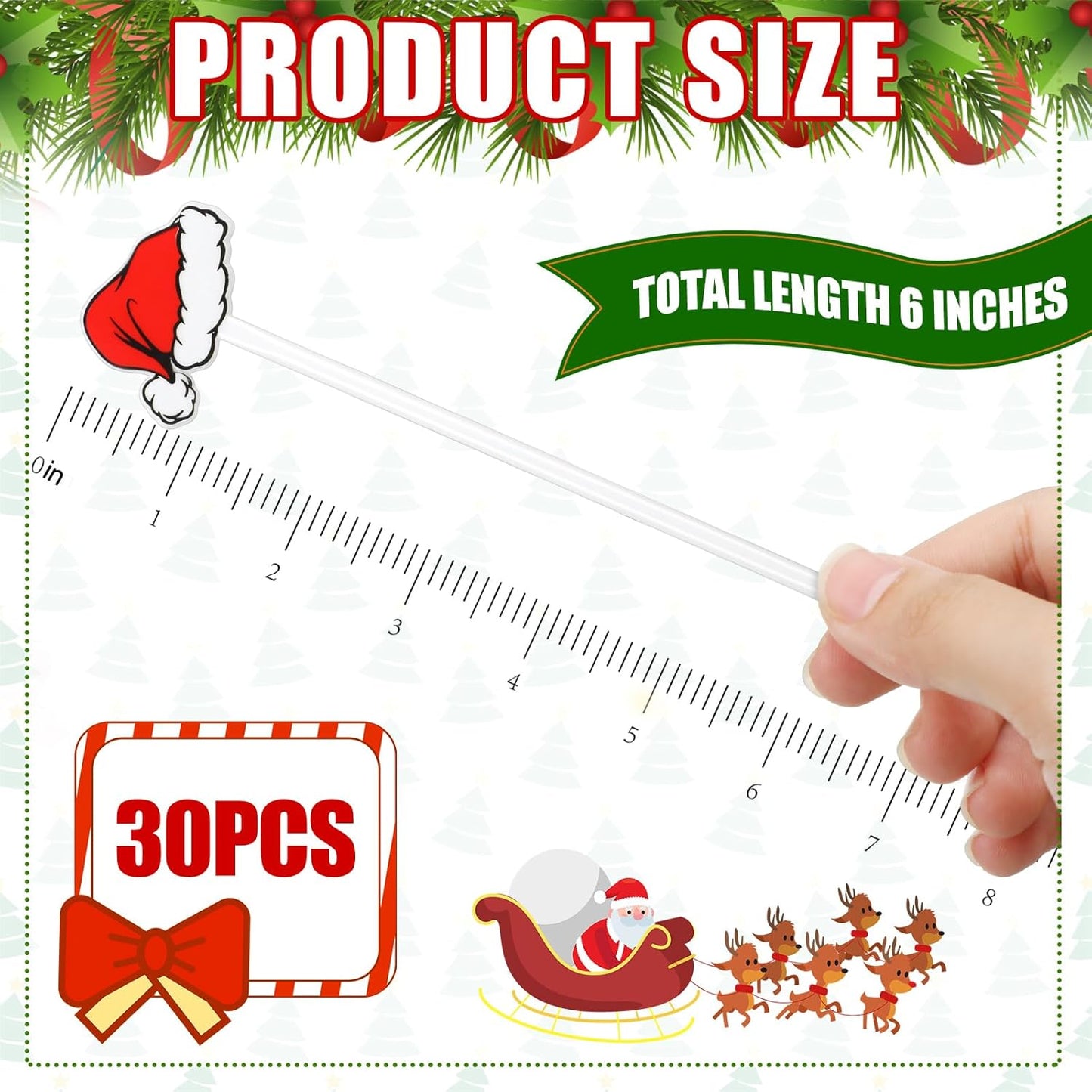 30 Pcs Christmas Drink Stirrers Xmas Stir Stick Holiday Coffee Swizzle Stick Reusable Plastic Hot Cocoa Bar Chocolate Decoration Cocktail Mixer(Santa Hat,Classic Color)