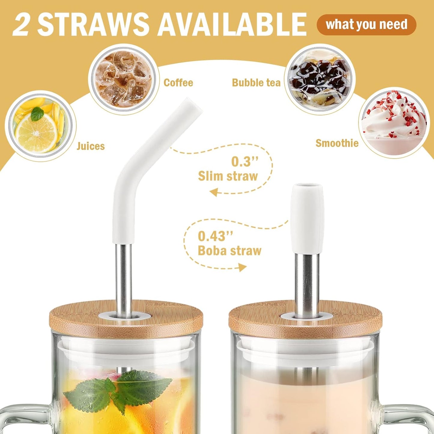 Kodrine Tumbler with Lid and Straw, 24 oz Glass Tumbler with Handle, Iced Coffee Cup Boba Smoothie Cup, Coffee Tumbler Water Tumbler Cups with Bamboo Lid Home Office Tumblers, White