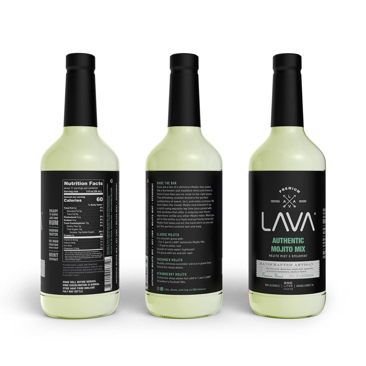 (3 Pack) LAVA Premium Authentic Mojito Mix, Made with Real Lime Juice, Mojito Mint, Spearmint, Demerara, Cane Sugar, Refreshing Rum Mojito Mixer. Ready to Use. 1-Liter (33.8oz) Glass Bottle