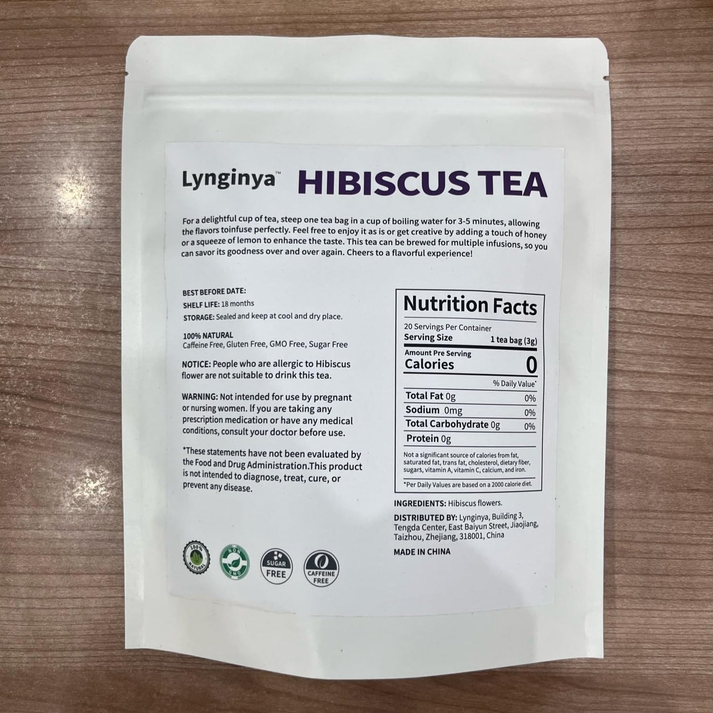Lynginya Hibiscus Tea, 20 Tea Bags - Premium Hibiscus Leaves - Natural Herbal Tea - Sweet and Sour - No Sugar & No Caffeine