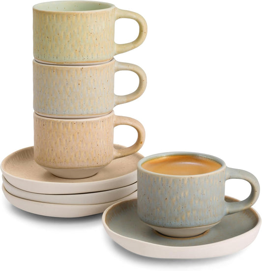 KooK Espresso Mug and Saucer Set, Ceramic Cups and Plates with Rustic Organic Shape and Feathered Texture, Dishwasher and Microwave Safe, 2.7 oz, Set of 4, Neutral Multicolor