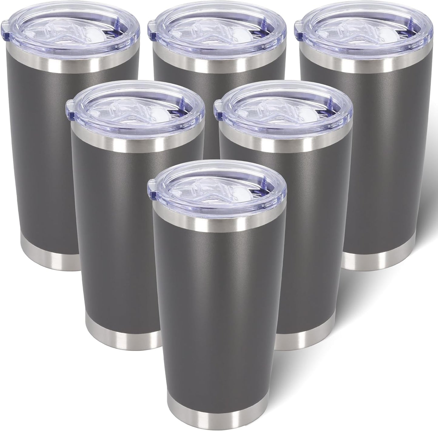 20oz Tumbler Bulk Stainless Steel Tumblers with Lid Vacuum Insulated Double Wall Travel Coffee Mug Powder Coated Tumbler Cup for Hot and Cold Drinks(Grey, 6 pack)