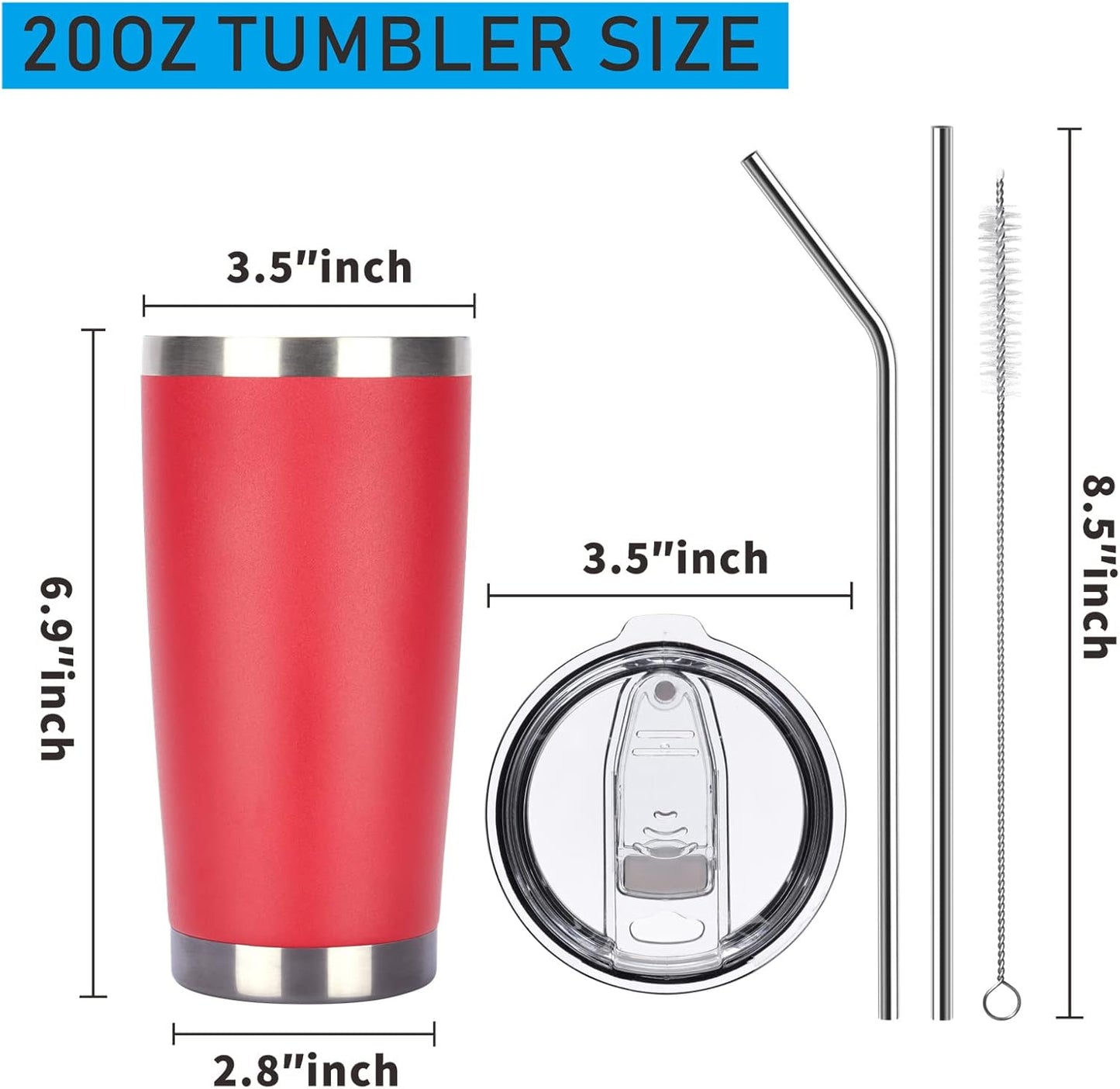 Pandance 20oz Stainless Steel Insulated Tumblers with Lid and Straw Bulk, Double Wall Vacuum Water Cups for Hot & Iced Coffee Drinks Travel Mug (Red, 12 pack)