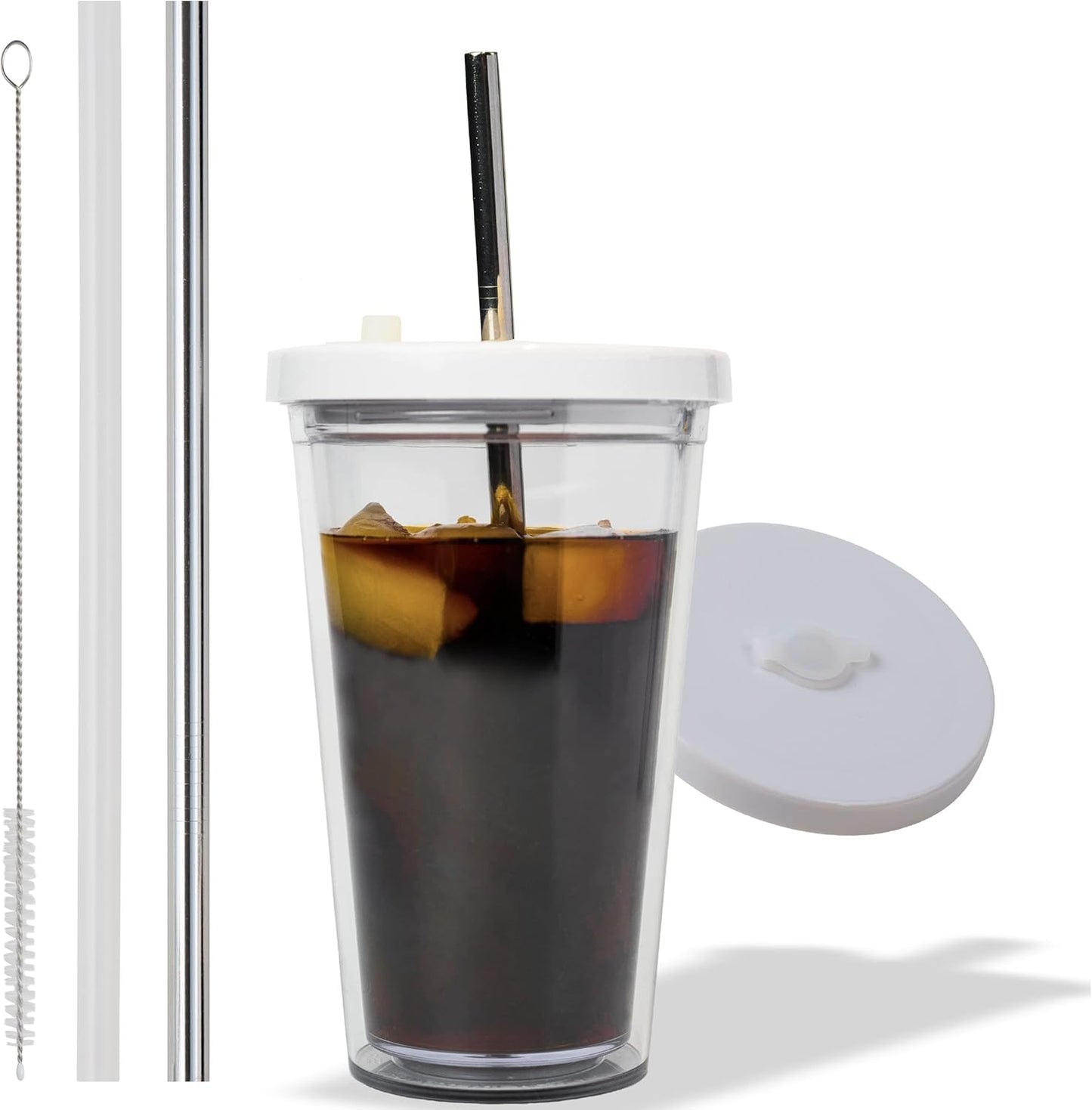 Reusable Iced Coffee Cup (24 Oz/Venti), Leak Proof and Double Wall Insulated Iced Coffee Tumbler, Come with Reusable Plastic and Metal Straws and Straw Cleaner