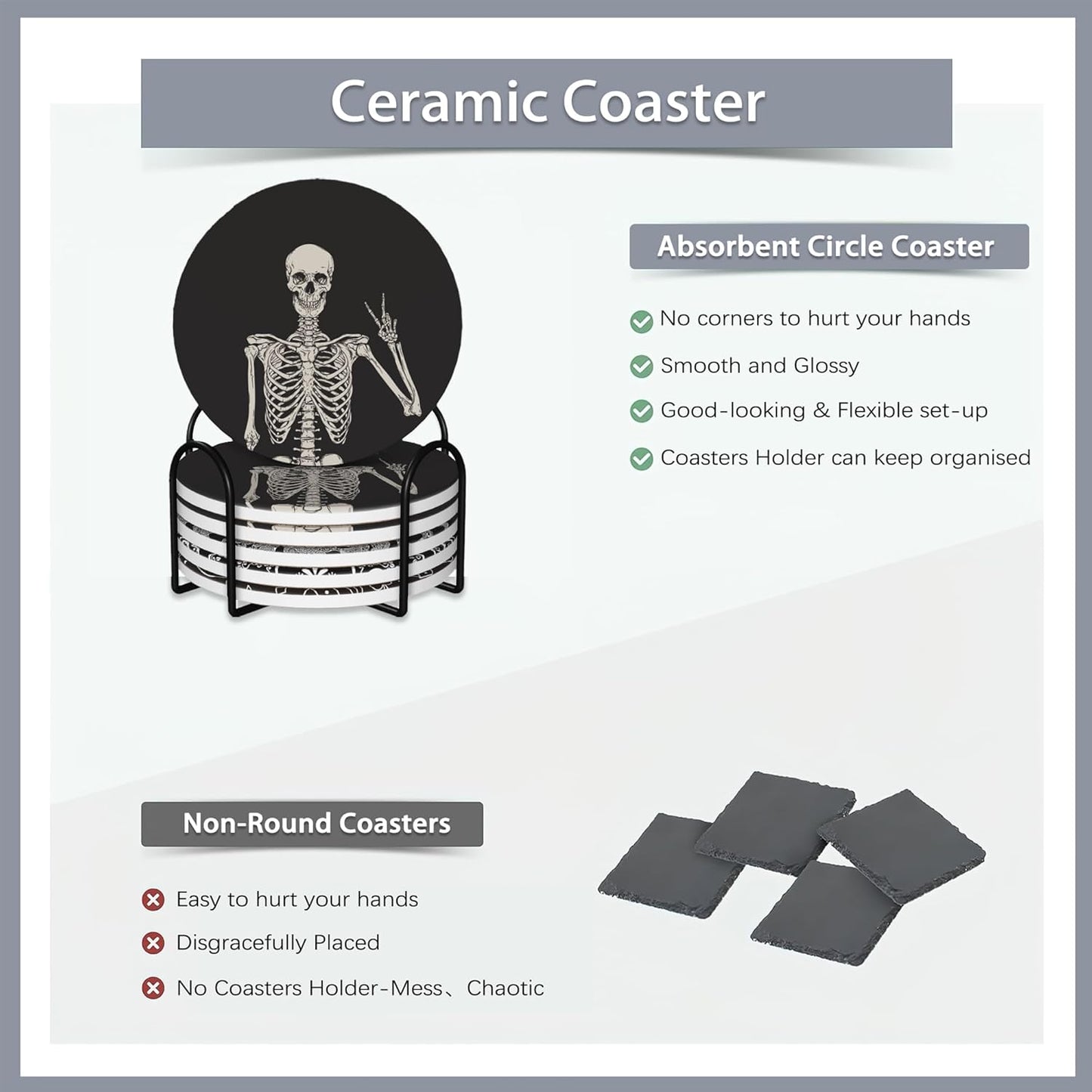 Drink Coasters Set of 6 with Holder,Human Skeleton Posing Skull Head Absorbent Ceramic Coasters with Cork Base,Fit All Cups,Tabletop Protection Mat for Mugs and Cups,Office,Kitchen